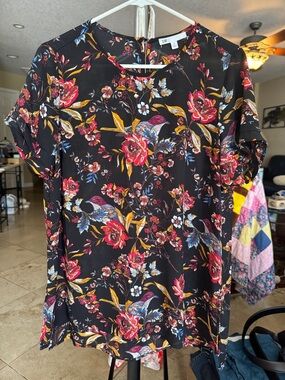 Floral Bird Print Black Blouse